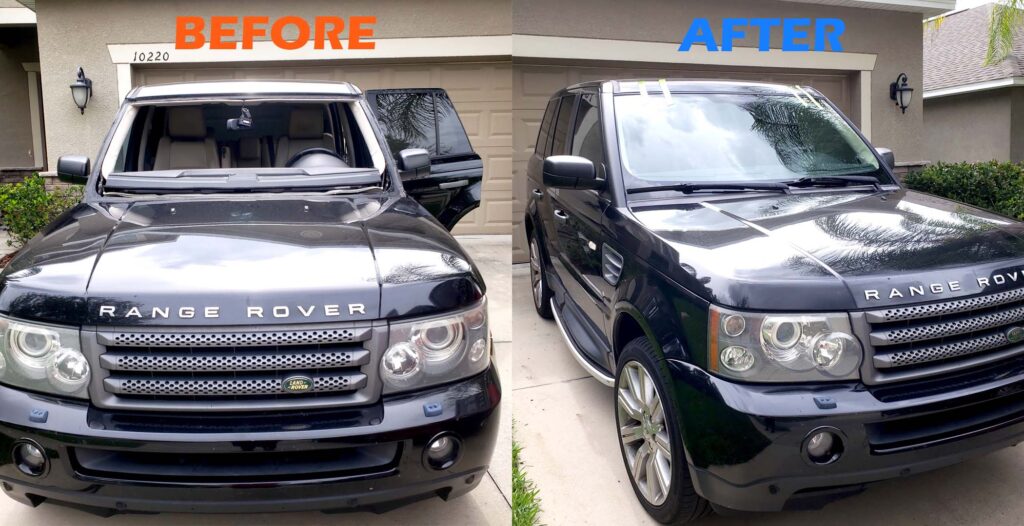 NuShield-02 Nushield autoglass: Range Rover, Windshield replacement and ADAS calibration, before and after photos, Brandon FL